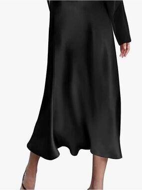 Zeagoo Black Satin High Waist Midi Skirt, Size Large, NWT